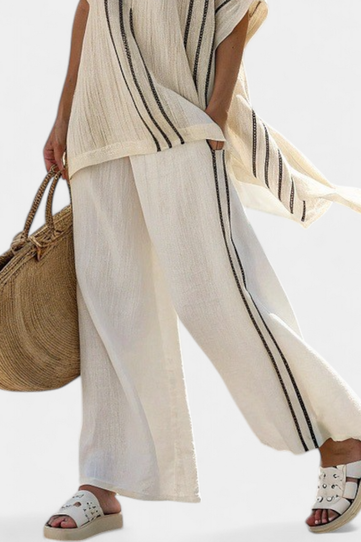 Greysen | Elegant Ivory Linen Blouse & Black Striped Pants